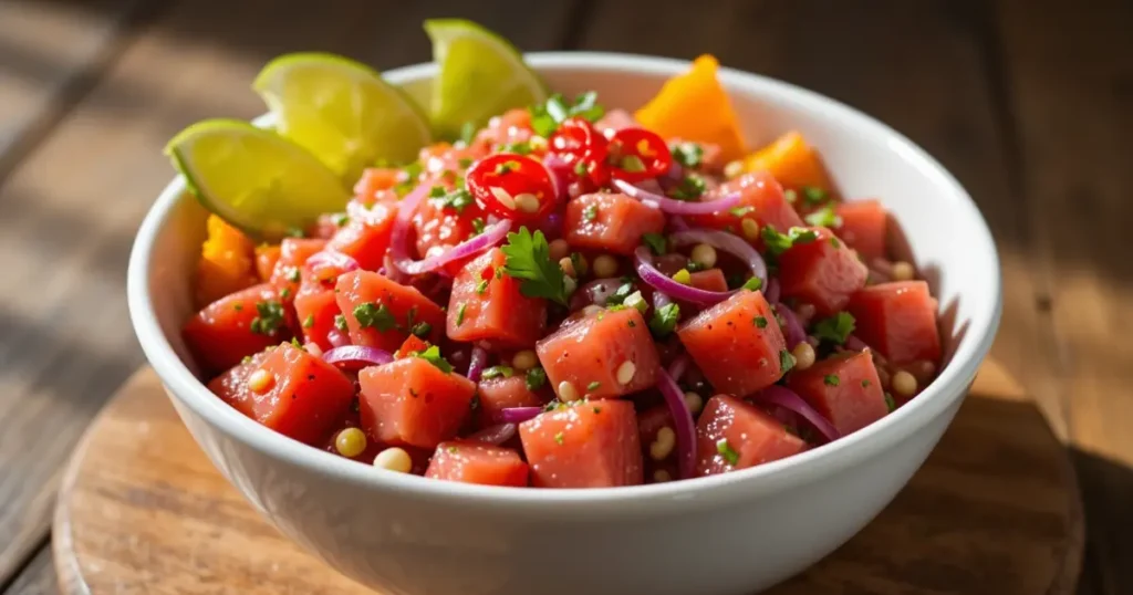 Fresh tuna ceviche in white ceramic bowl featuring bright red cubes of fish, translucent red onions, green cilantro, and chili peppers, garnished with sweet potato slices and corn, served on rustic wooden table