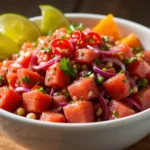 Fresh tuna ceviche in white ceramic bowl featuring bright red cubes of fish, translucent red onions, green cilantro, and chili peppers, garnished with sweet potato slices and corn, served on rustic wooden table