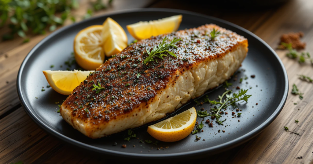 Homemade blackened cod with spice crust and lemon garnish