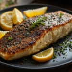 Homemade blackened cod with spice crust and lemon garnish