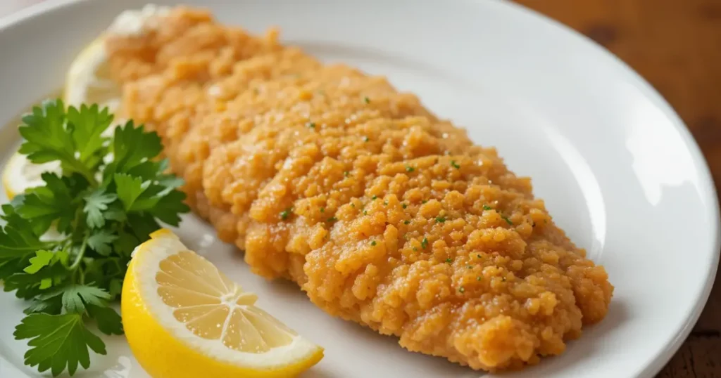 Crispy fried tilapia fillet with golden-brown crust and lemon garnish