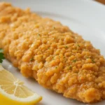 Crispy fried tilapia fillet with golden-brown crust and lemon garnish